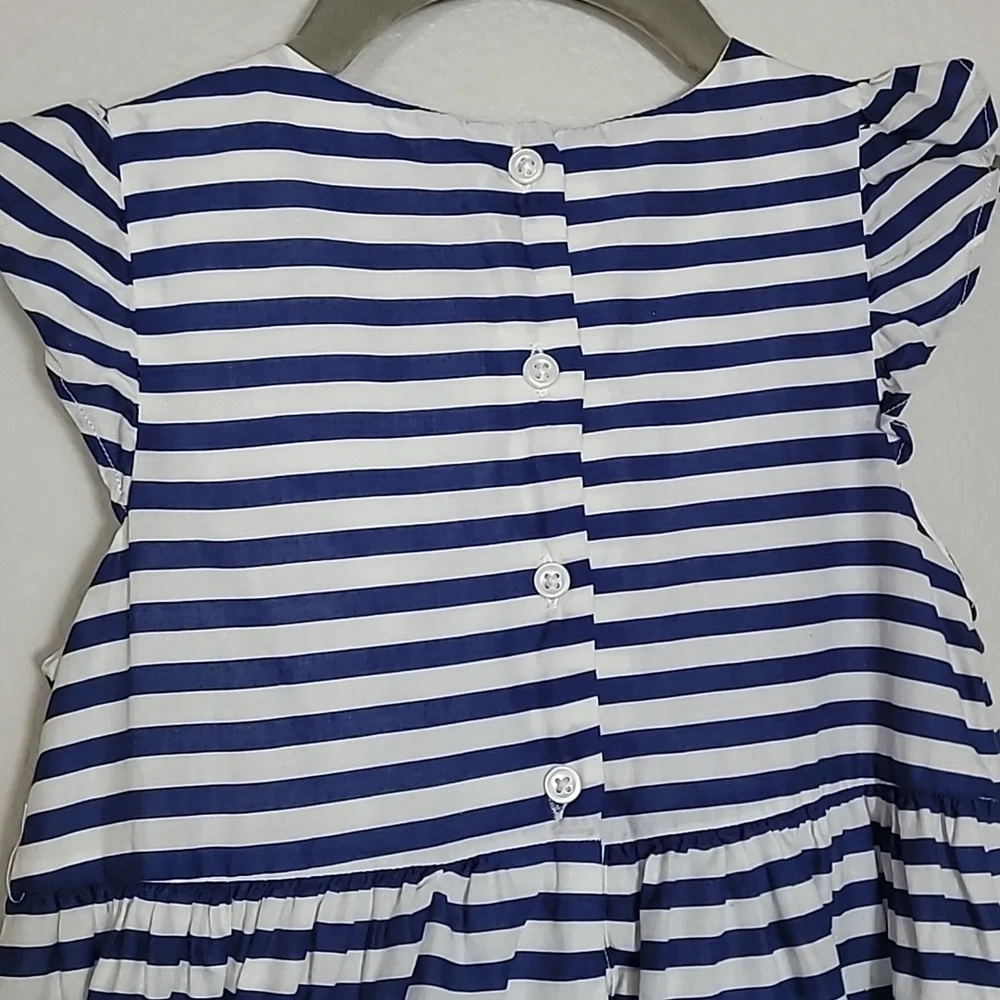 Janie & Jack Striped Ruffle Dress Size 5 Navy White Rosette Cotton Preppy Lined